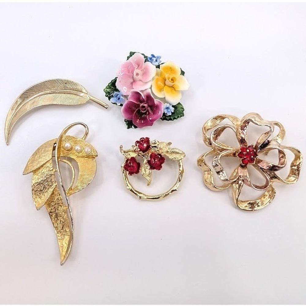 VTG Brooch Lot Floral Gold Tone Thorley Bone China Gerrys Botanical Garden Party